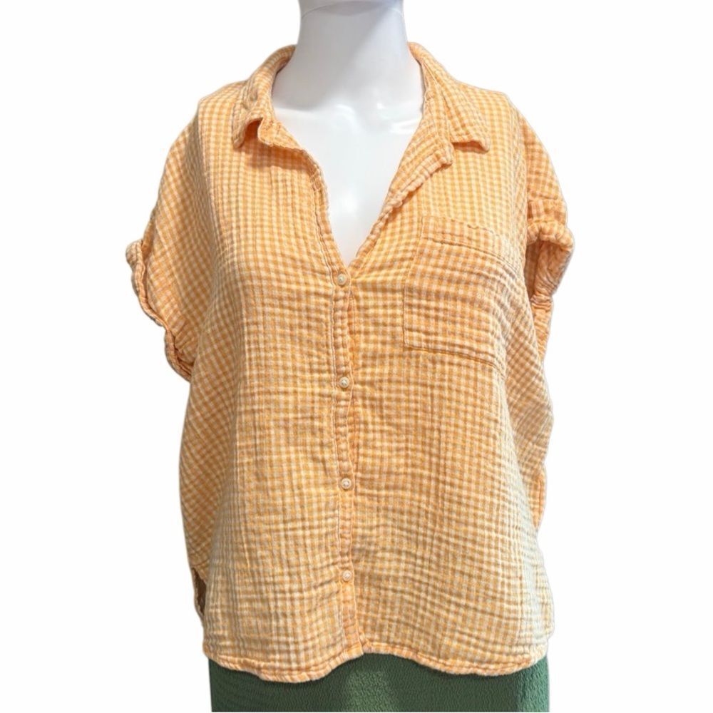 Old Navy Women's Orange Gingham Button-Up Top Size Small